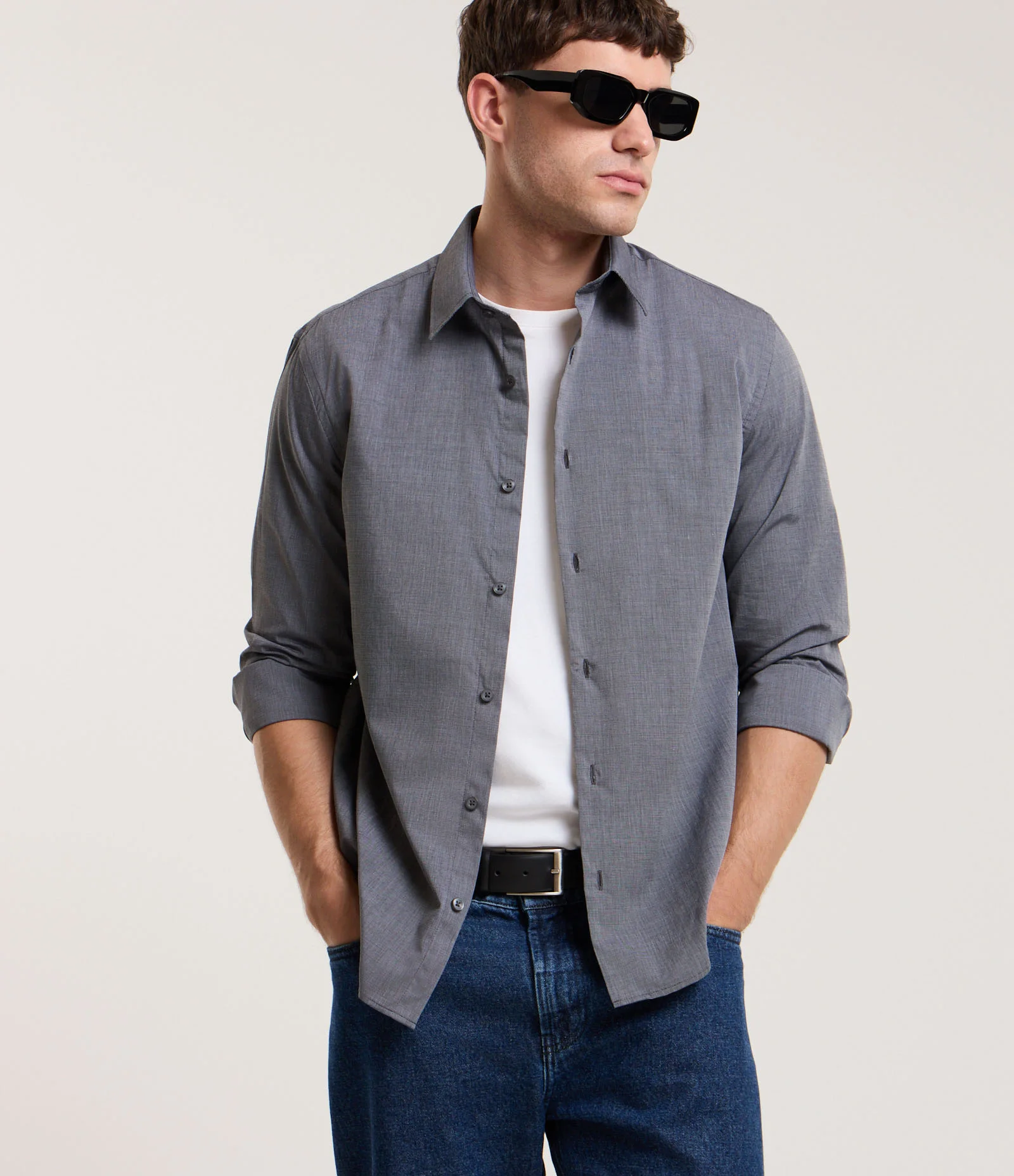 Camisa Regular em Algodão com Manga Longa Cinza 1