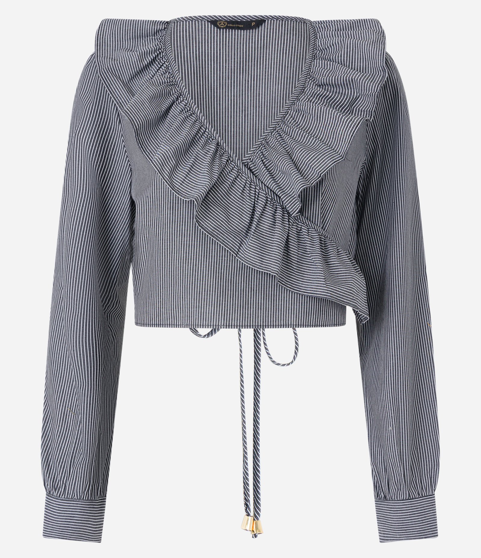 Blusa em Tricoline com Decote Transpassado e Babado Frontal Preto/ Branco 6