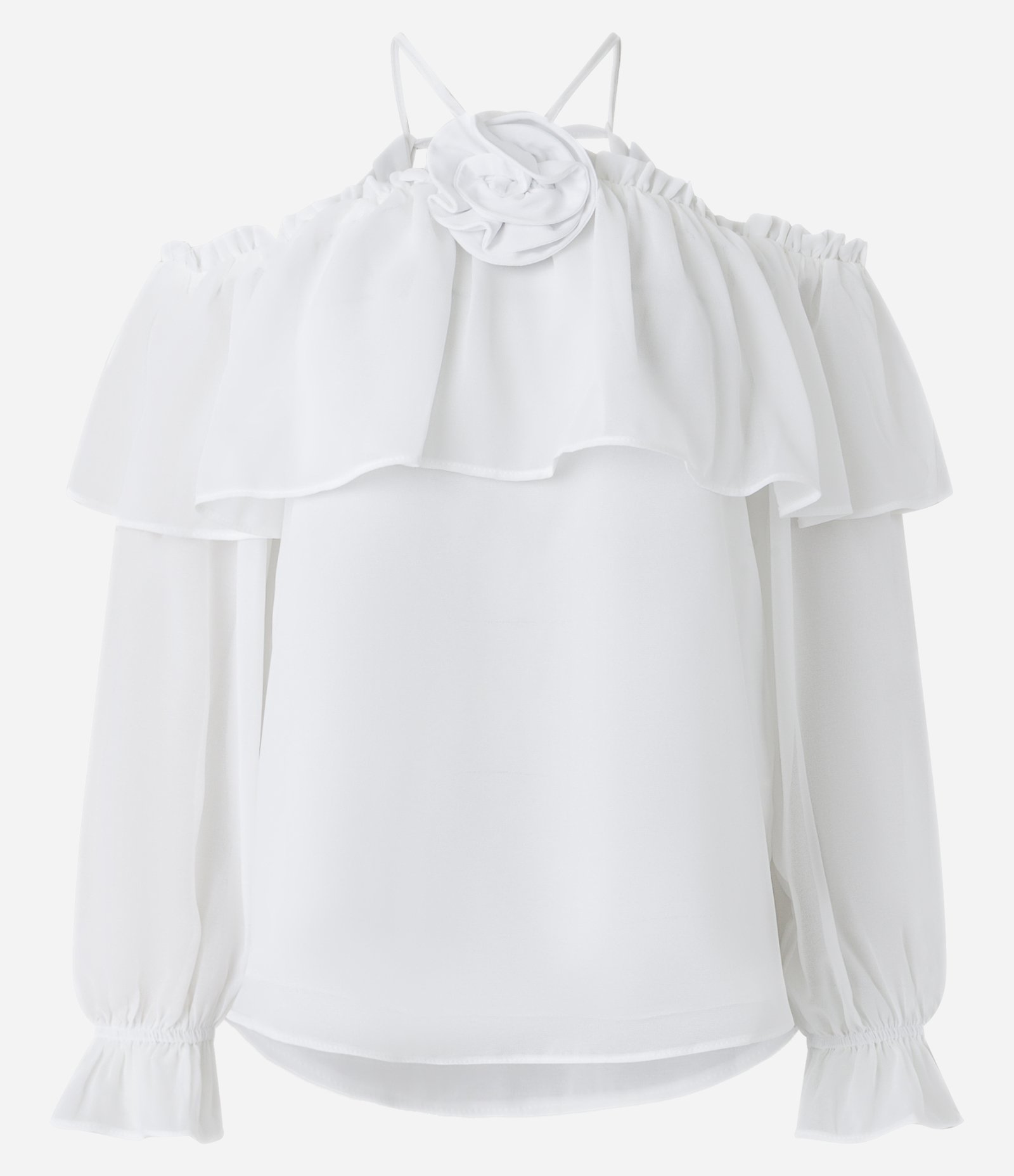 Blusa em Chiffon com Decote Ombro a Ombro e Aplicação de Flor Branco 5