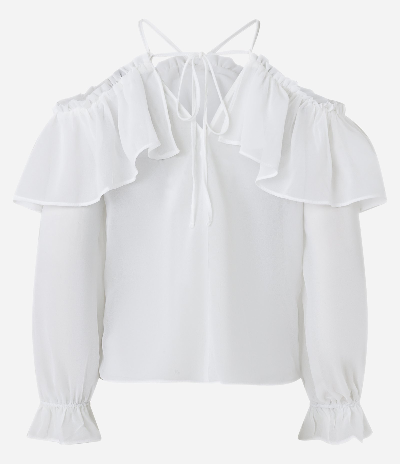 Blusa em Chiffon com Decote Ombro a Ombro e Aplicação de Flor Branco 6