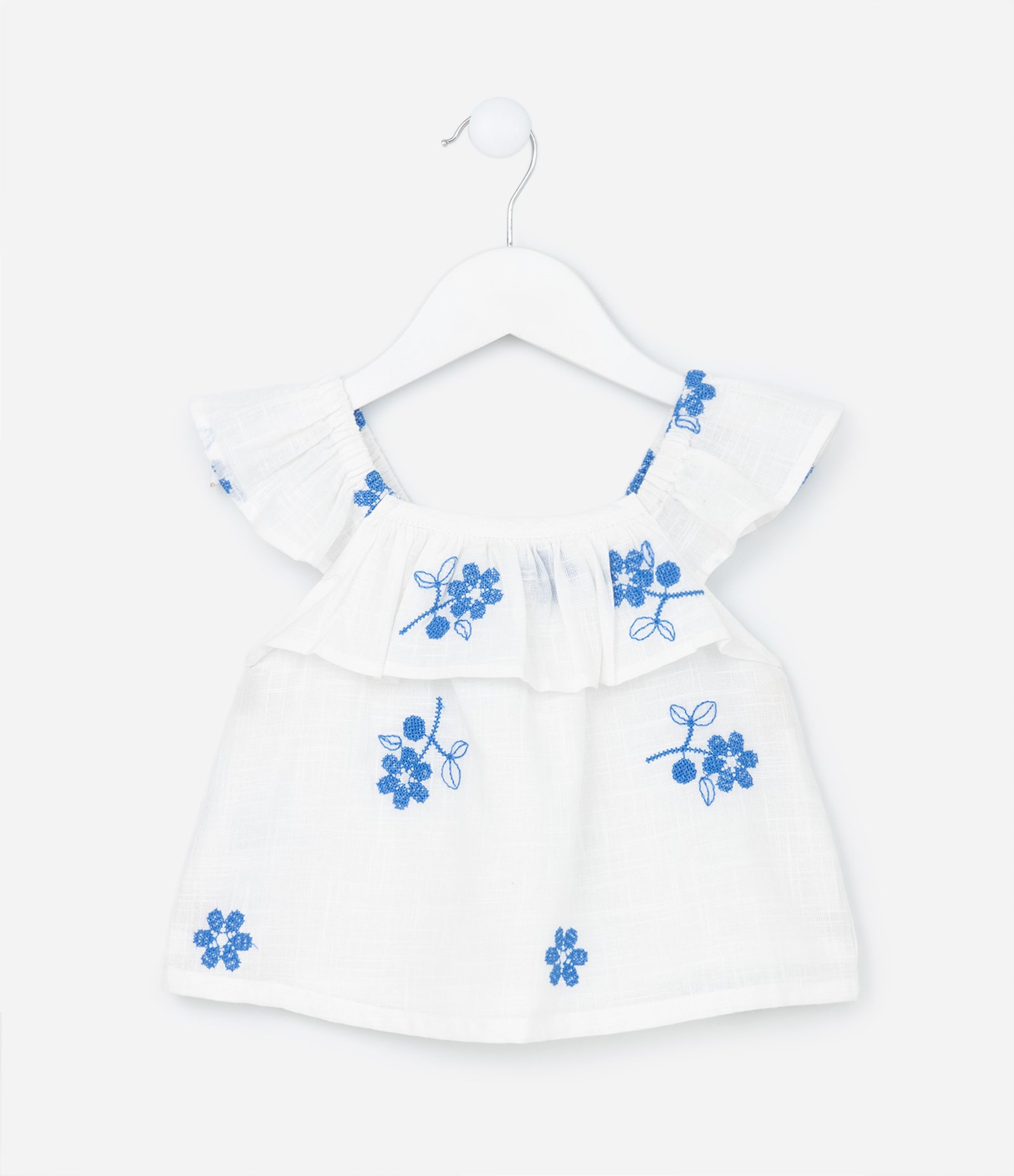 Blusa Infantil em Tricoline com Bordados de Flor - Tam 1 a 5 Anos Branco Neve 1