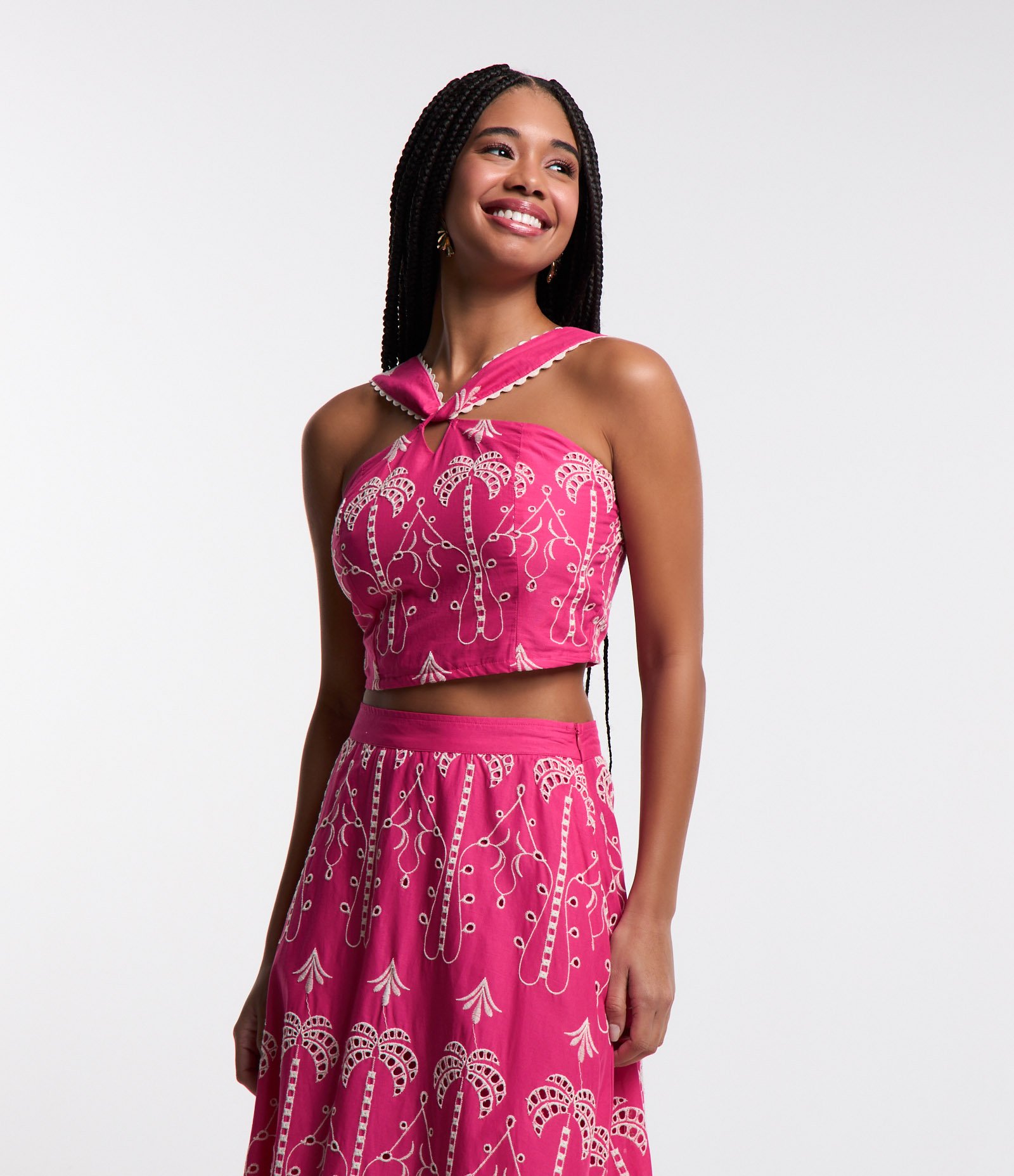 Blusa Cropped de Alça em Laise com Bordado e Lastex nas Costas Rosa 5