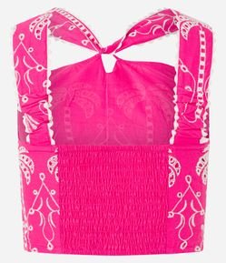 Blusa Cropped de Alça em Laise com Bordado e Lastex nas Costas