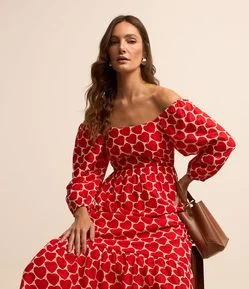Vestido Midi Evasê em Laise com Bordado de Coração e Manga Bufante