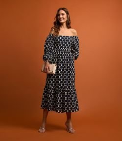 Vestido Midi Evasê em Laise com Bordado de Coração e Manga Bufante