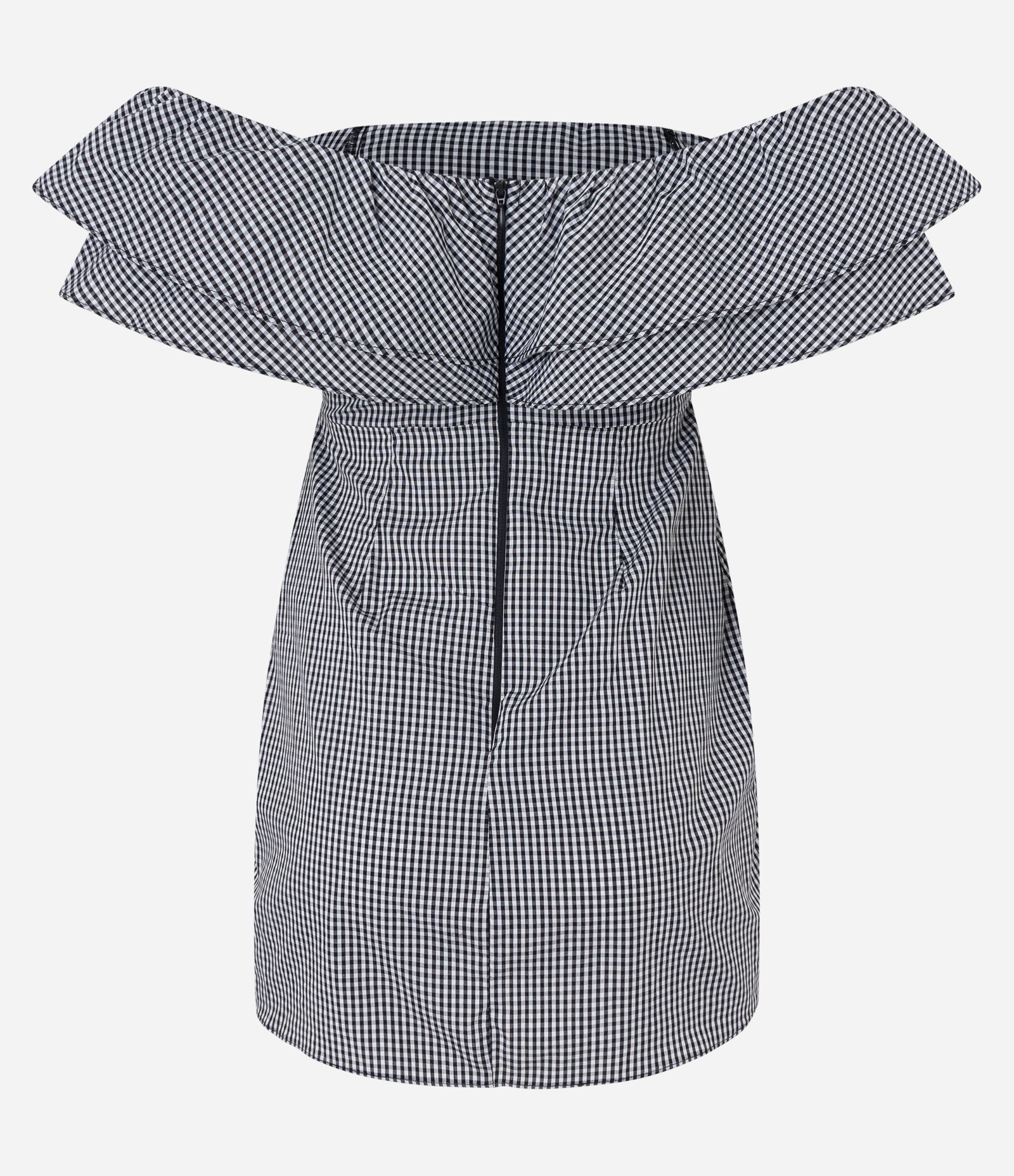 Vestido Ciganinha em Tricoline com Babados e Estampa Xadrez Vichy Preto/ Branco 7