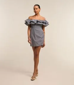 Vestido Ciganinha em Tricoline com Babados e Estampa Xadrez Vichy