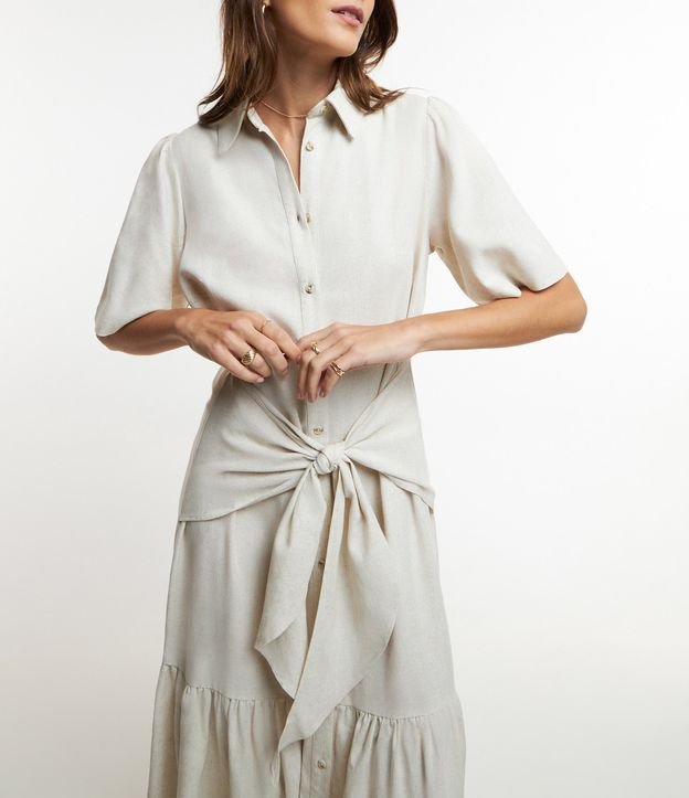 Vestido Chemise Midi em Viscolinho com Laço Frontal e Babado na Barra