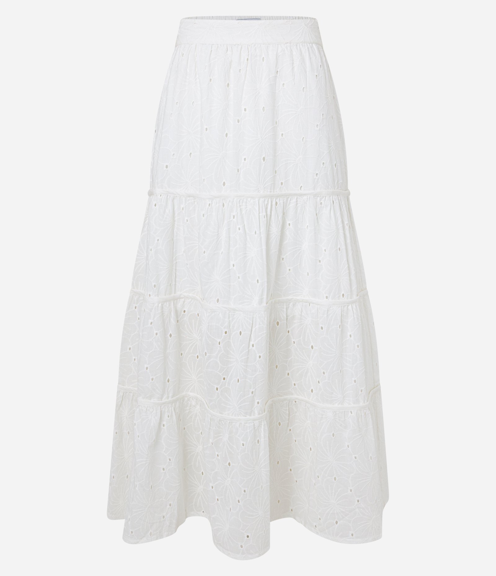 Saia Longa em Laise com Textura Floral e Babado na Barra Branco 5