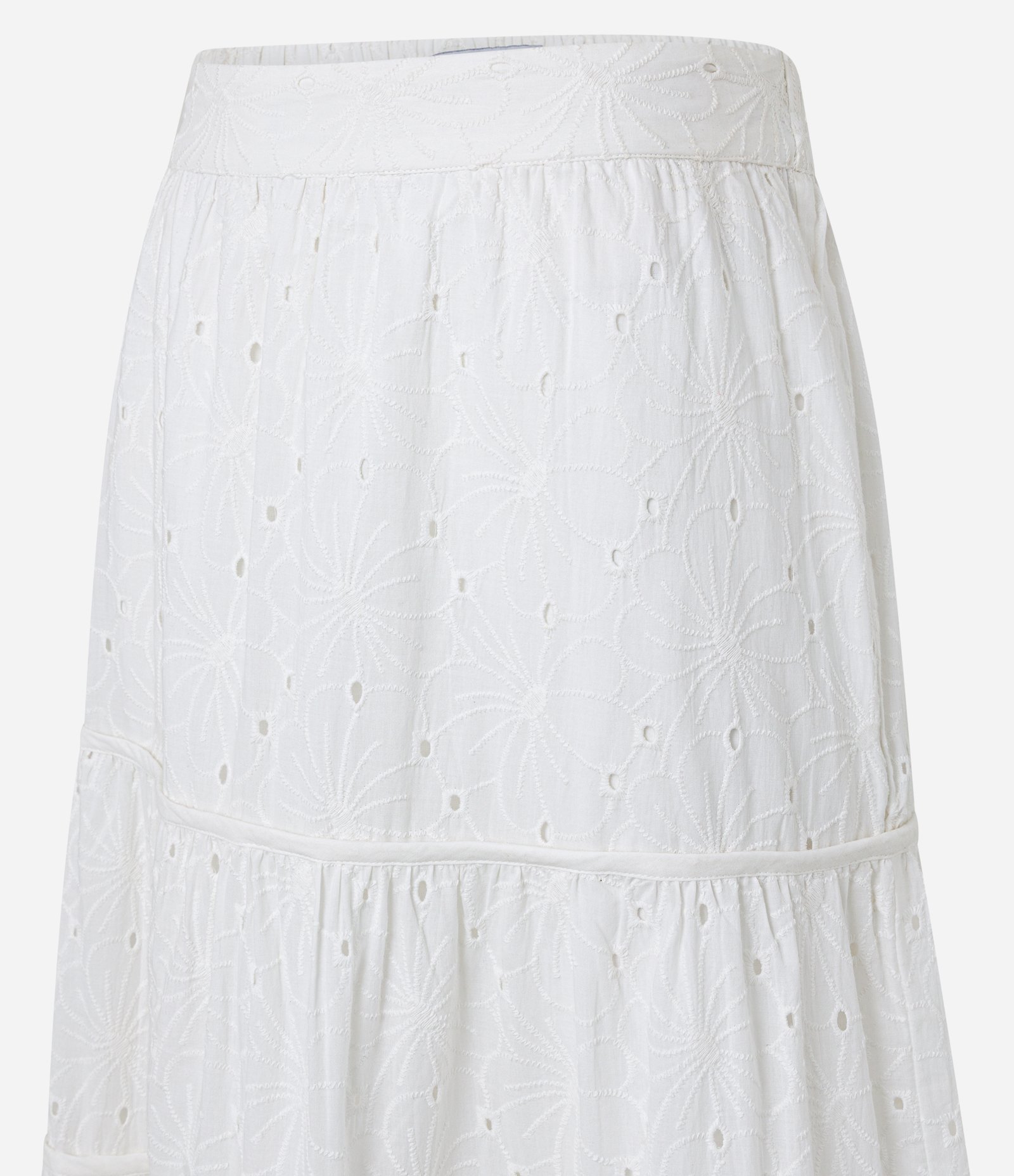 Saia Longa em Laise com Textura Floral e Babado na Barra Branco 6