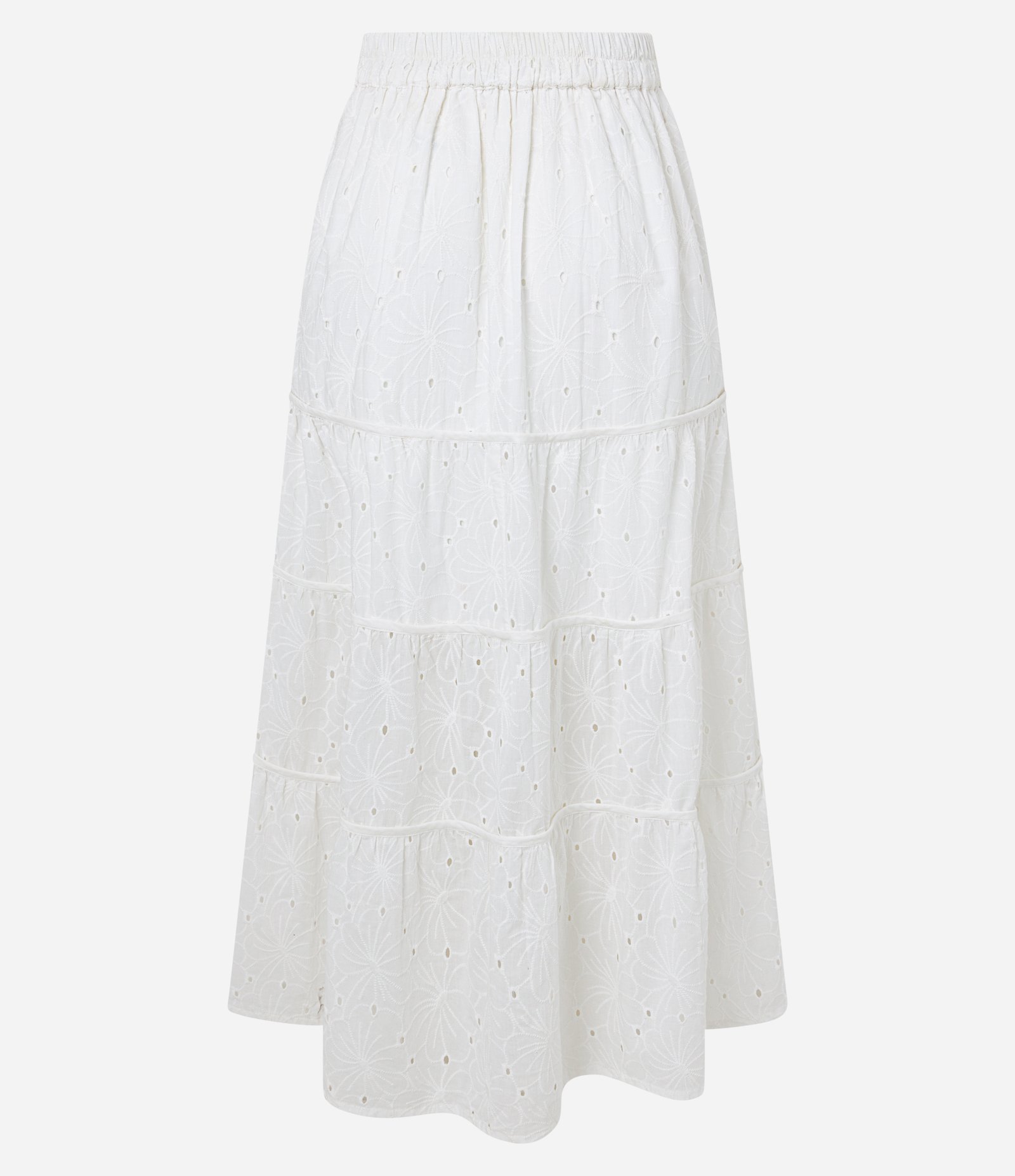 Saia Longa em Laise com Textura Floral e Babado na Barra Branco 7