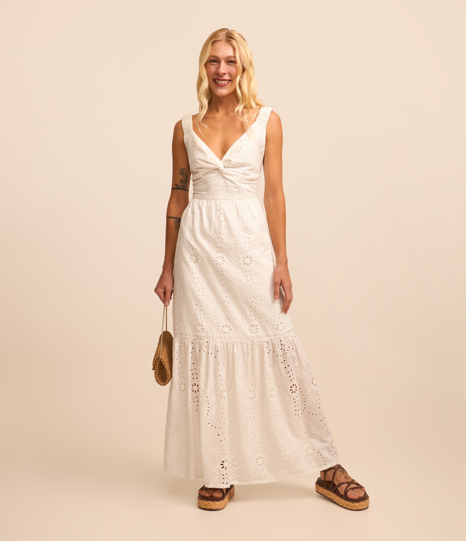 Vestido New Midi em Laise com Busto Torcido Branco 1