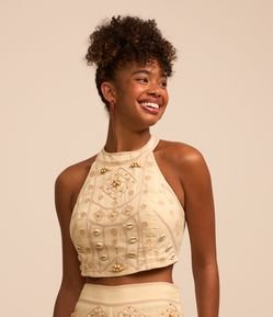 Blusa Cropped em Viscose e Linho com Búzios Bordados