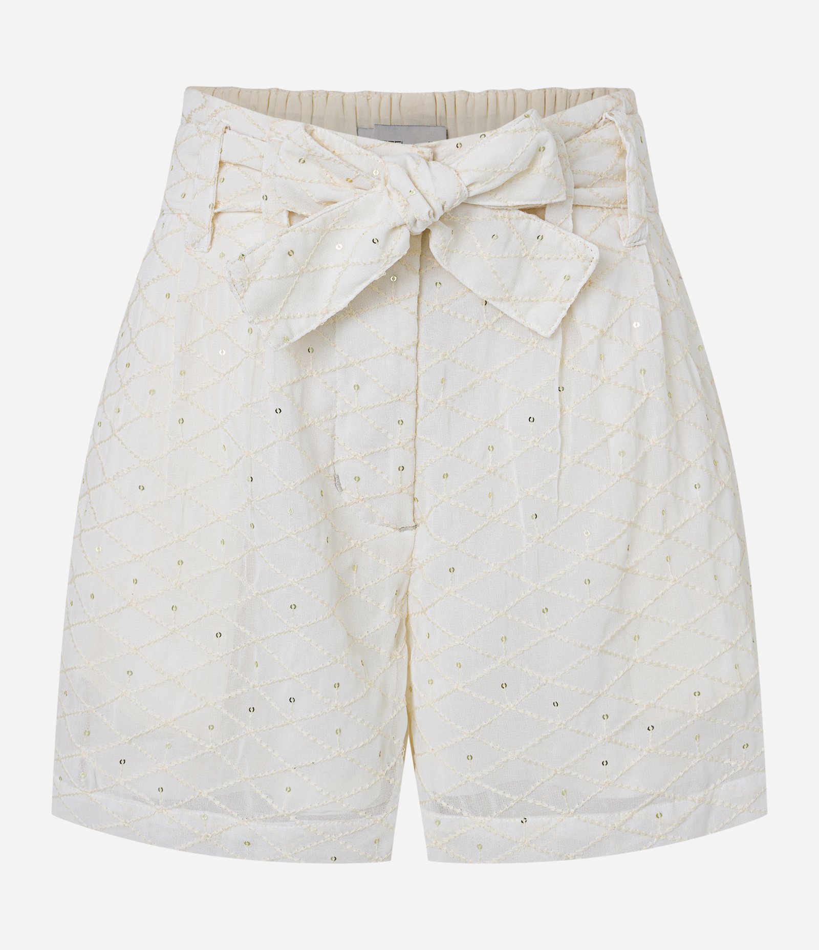 Short em Crepe com Faixa para Amarração e Detalhes em Paetê Bege Claro 4