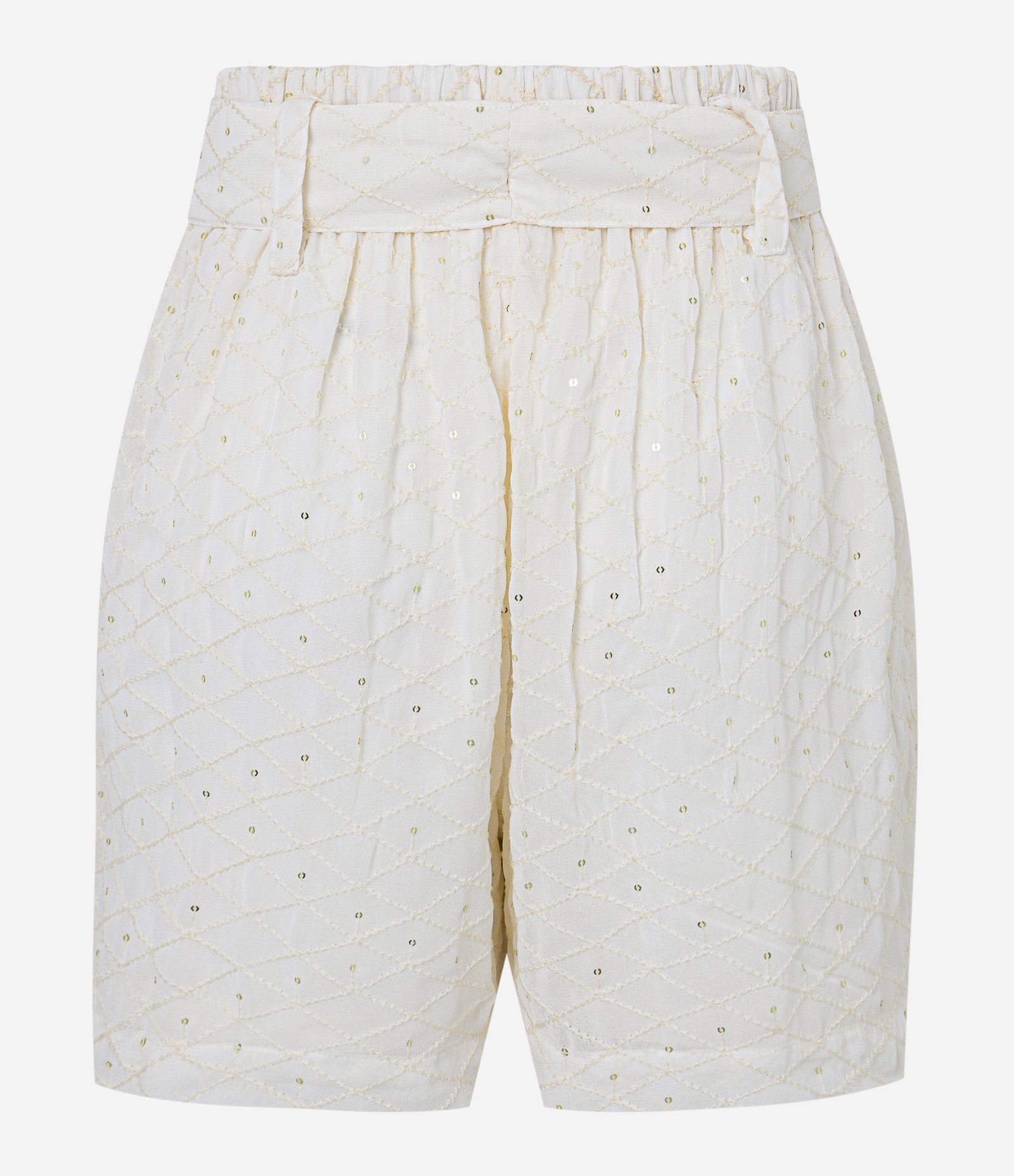 Short em Crepe com Faixa para Amarração e Detalhes em Paetê Bege Claro 5