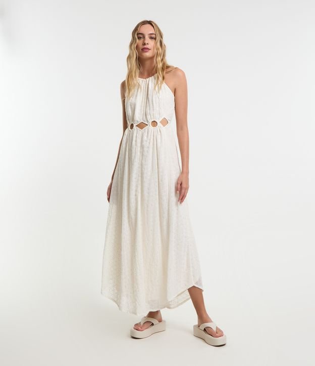 Vestido New Midi em Crepe com Bordado e Recorte Vazado na Cintura