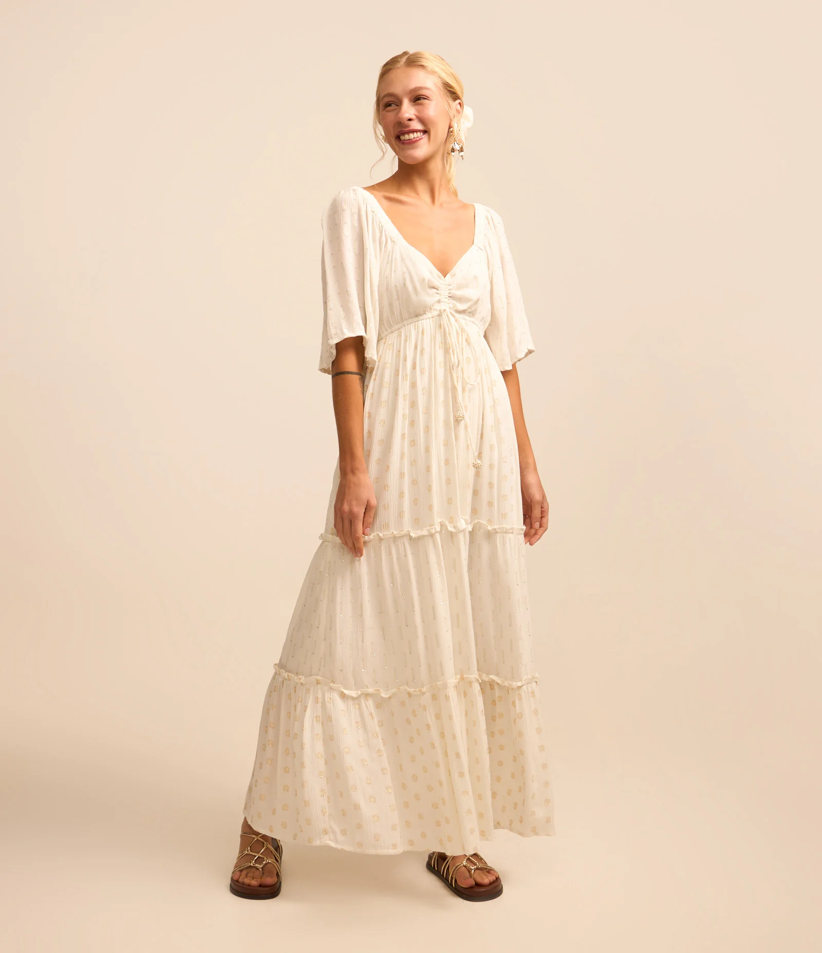 Vestido Longo em Viscose com Textura Maquinetada e Amarração Branco Neve 1