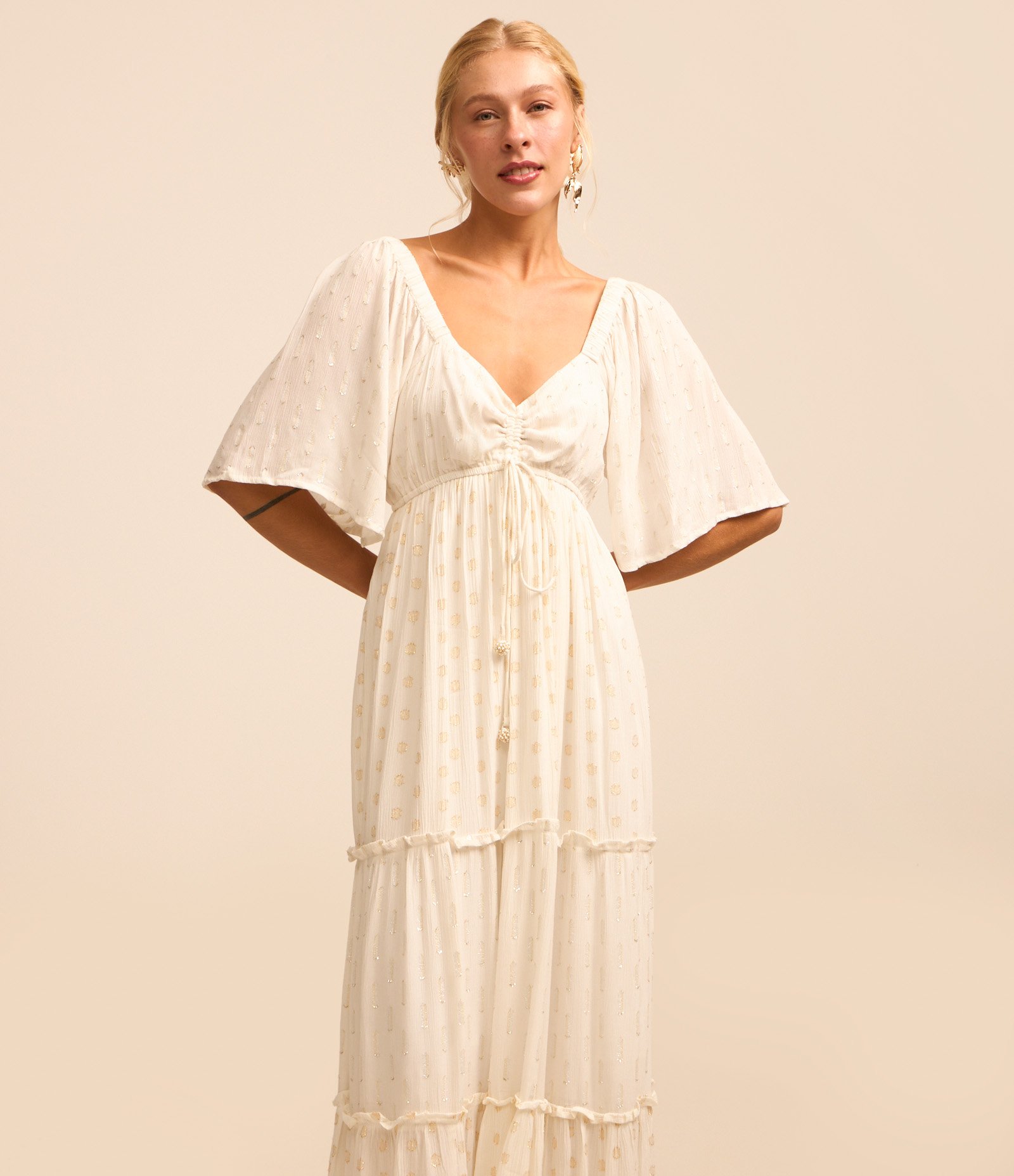 Vestido Longo em Viscose com Textura Maquinetada e Amarração Branco Neve 2