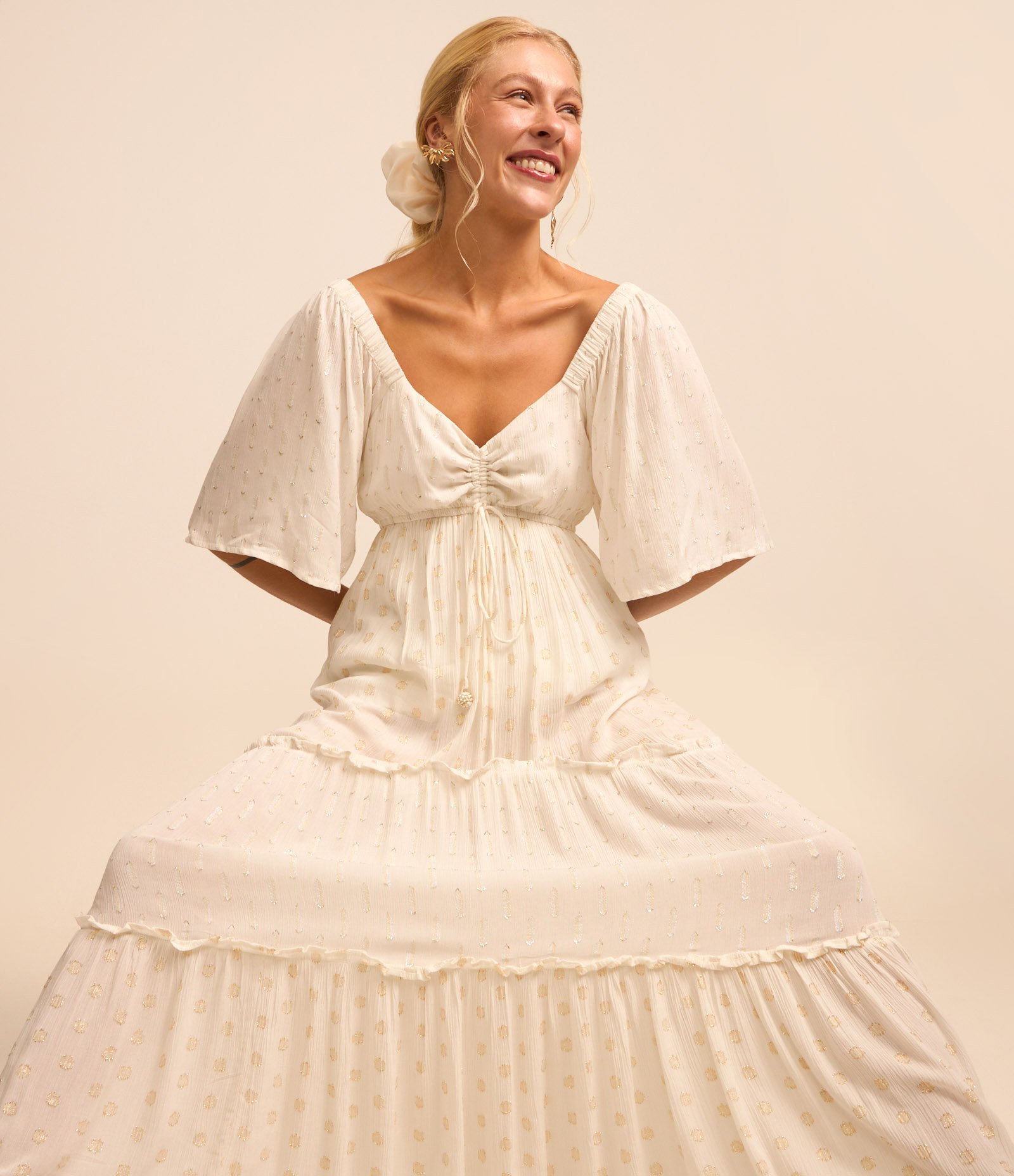 Vestido Longo em Viscose com Textura Maquinetada e Amarração Branco Neve 5