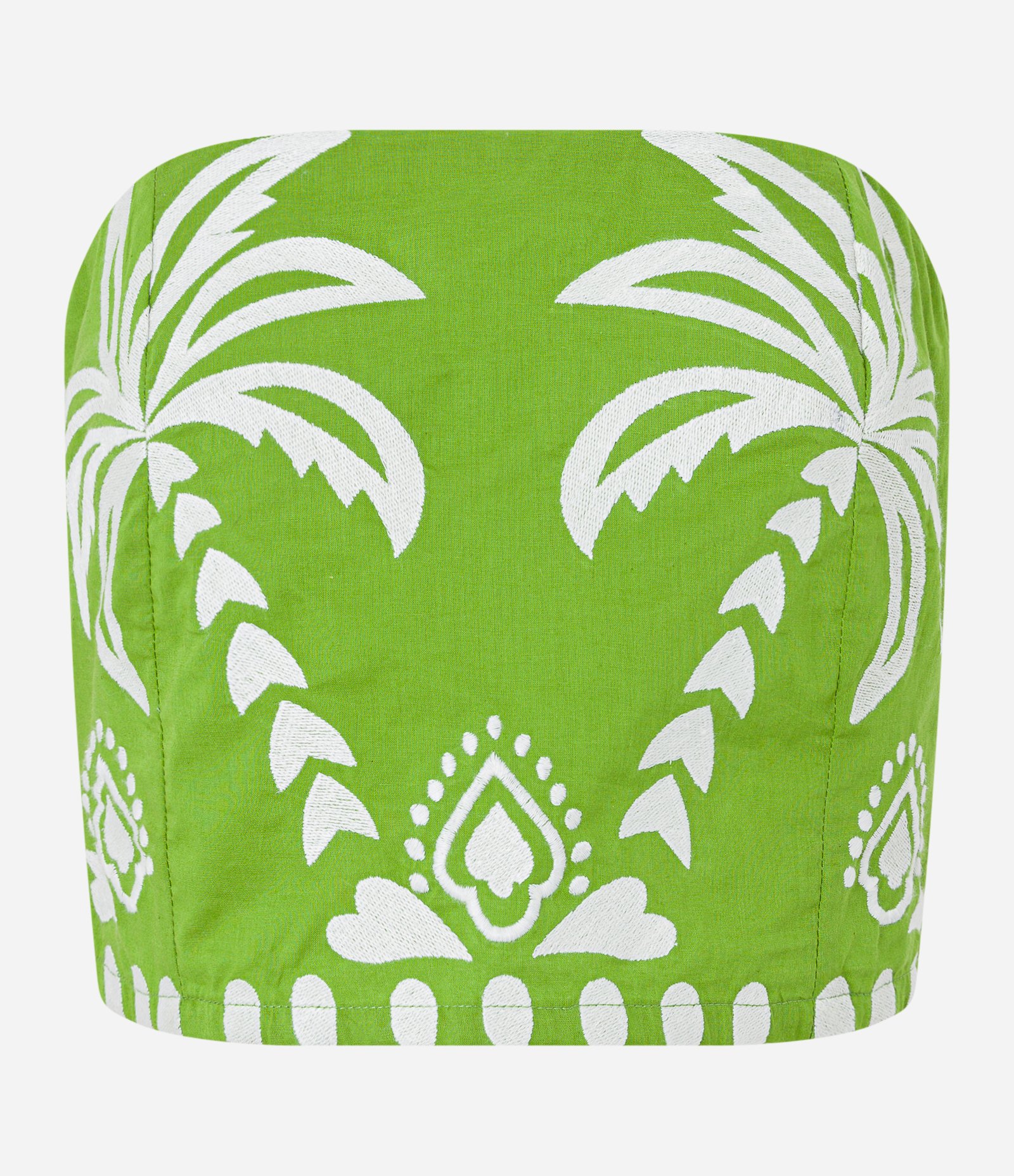 Blusa Cropped Sem Alça em Tricoline com Estampa Coqueiros Verde 4