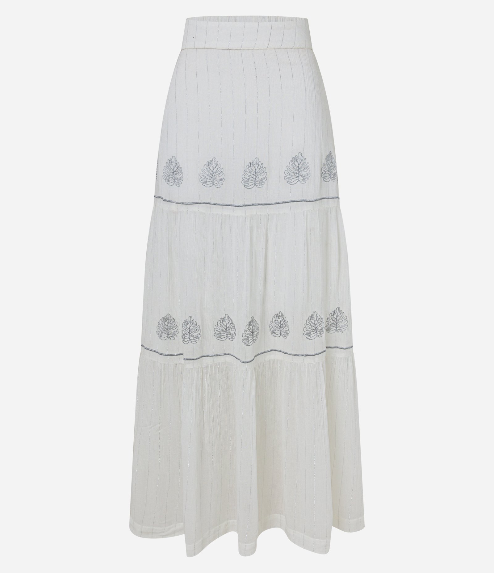 Saia Longa em Viscose com Bordados de Folhas e Fio Brilhoso Branco 5