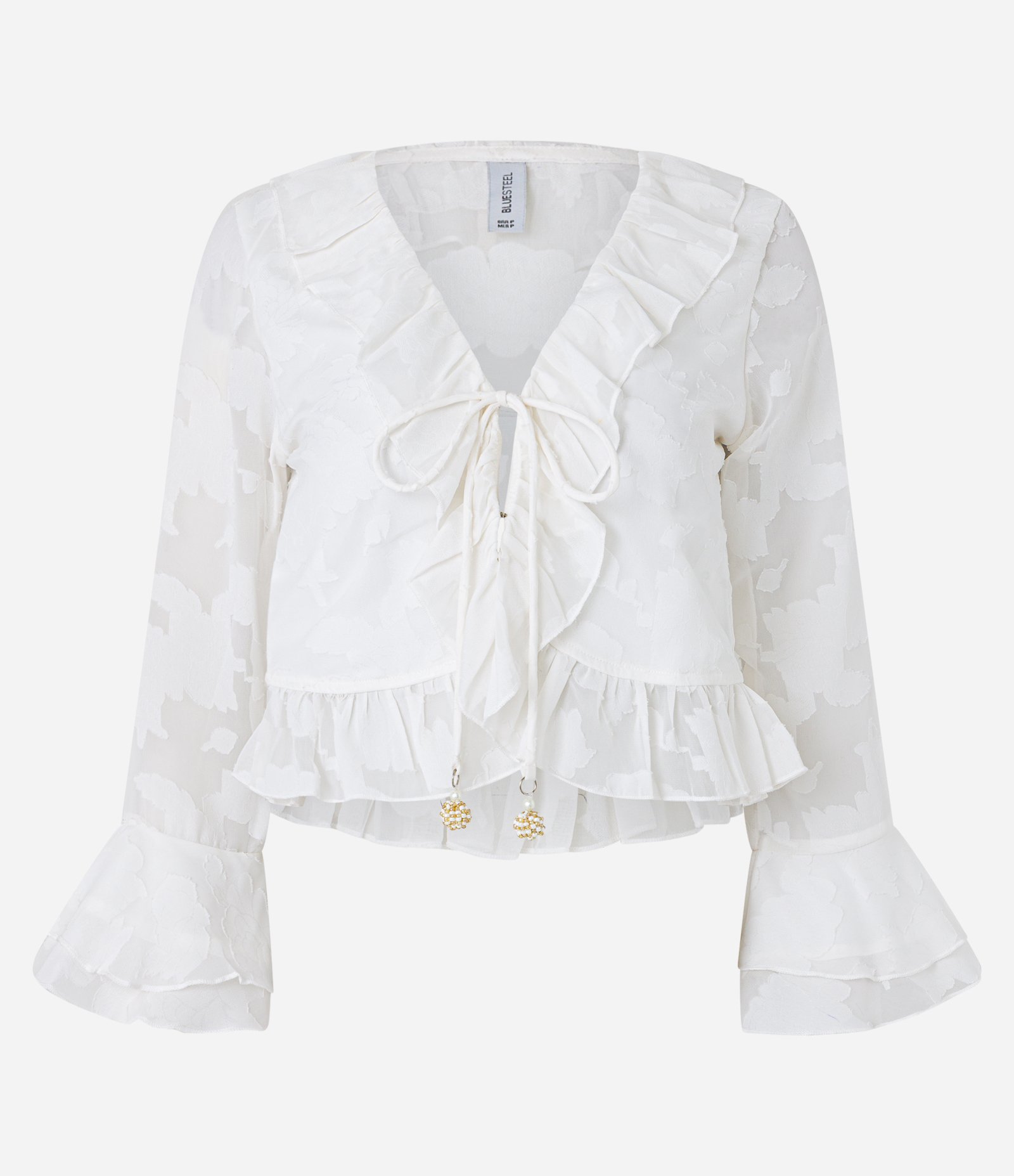 Blusa Curta em Crepe com Amarração e Babados Devore Branco 4