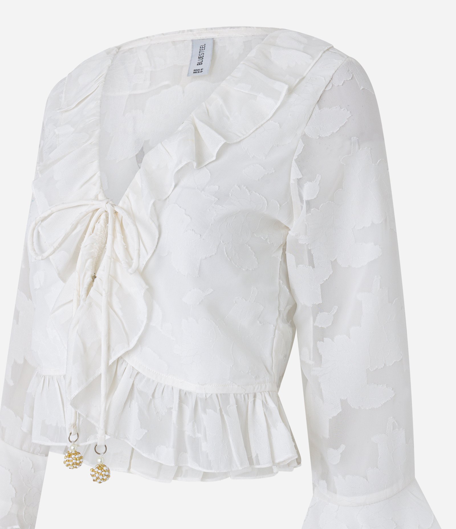 Blusa Curta em Crepe com Amarração e Babados Devore Branco 5