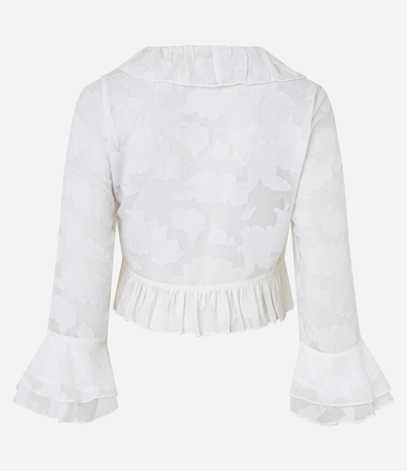 Blusa Curta em Crepe com Amarração e Babados Devore Branco 6