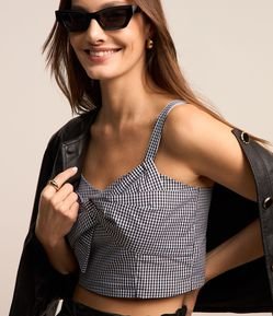 Blusa Cropped em Tricoline com Laço Frontal e Lastex nas Costas