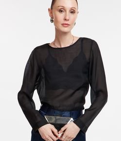 Blusa Alfaiatada em Liocel com Transparência e Fechamento na Gola