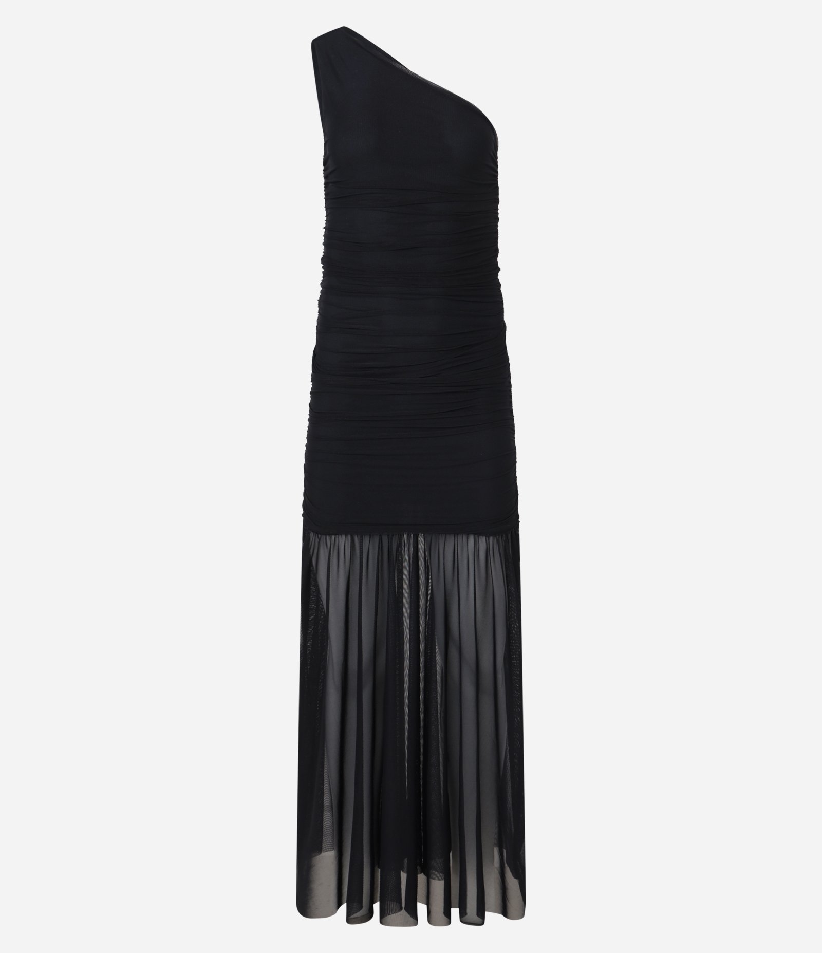 Vestido Longo em Tule com Drapeado e Saia Transparente Preto 1
