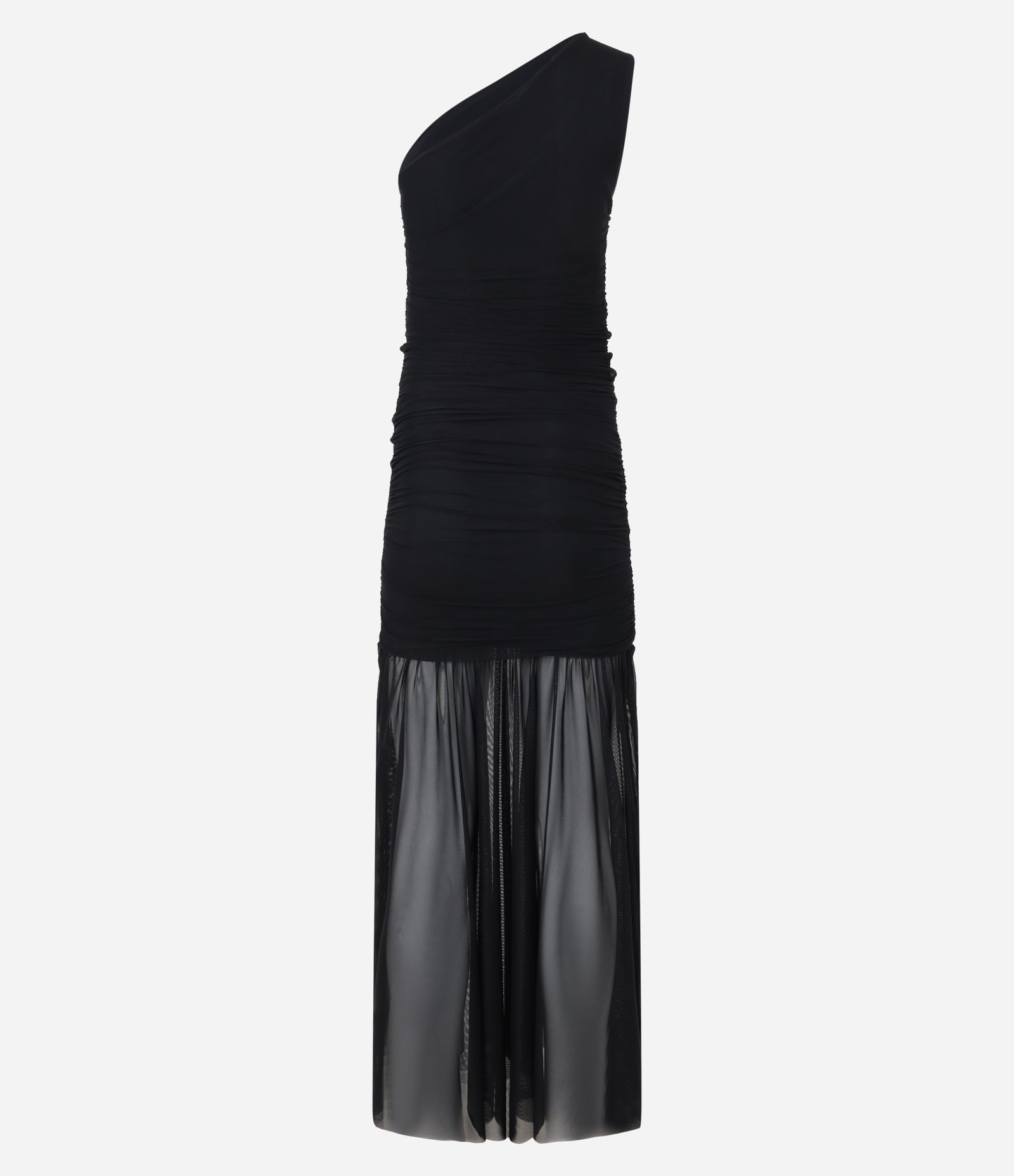 Vestido Longo em Tule com Drapeado e Saia Transparente Preto 2
