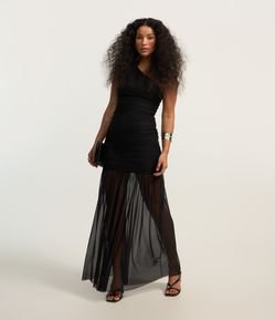 Vestido Longo em Tule com Drapeado e Saia Transparente