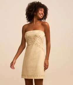 Vestido Curto em Viscose e Linho com Espelhinhos Bordados