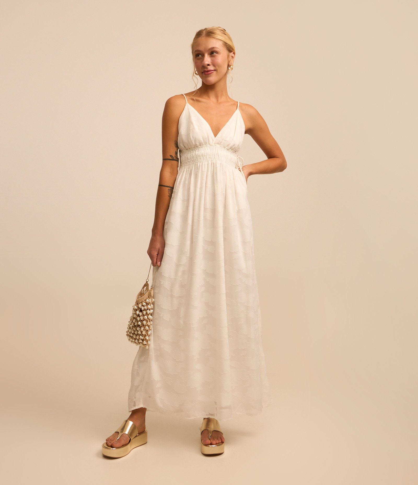 Vestido Longo em Crepe com Amarrações Laterais Branco 1