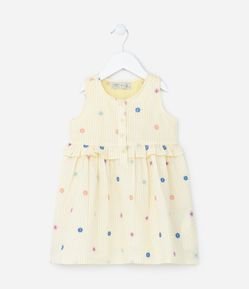 Vestido Infantil em Tricoline com Bordado Floral - Tam  1 a 5 Anos