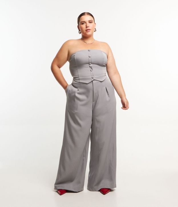 Calça Pantalona Alfaiataria com Listras Curve & Plus Size Cinza 1