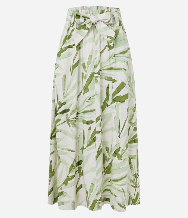 Saia Midi em Viscolinho com Folhagens Estampadas e Amarração