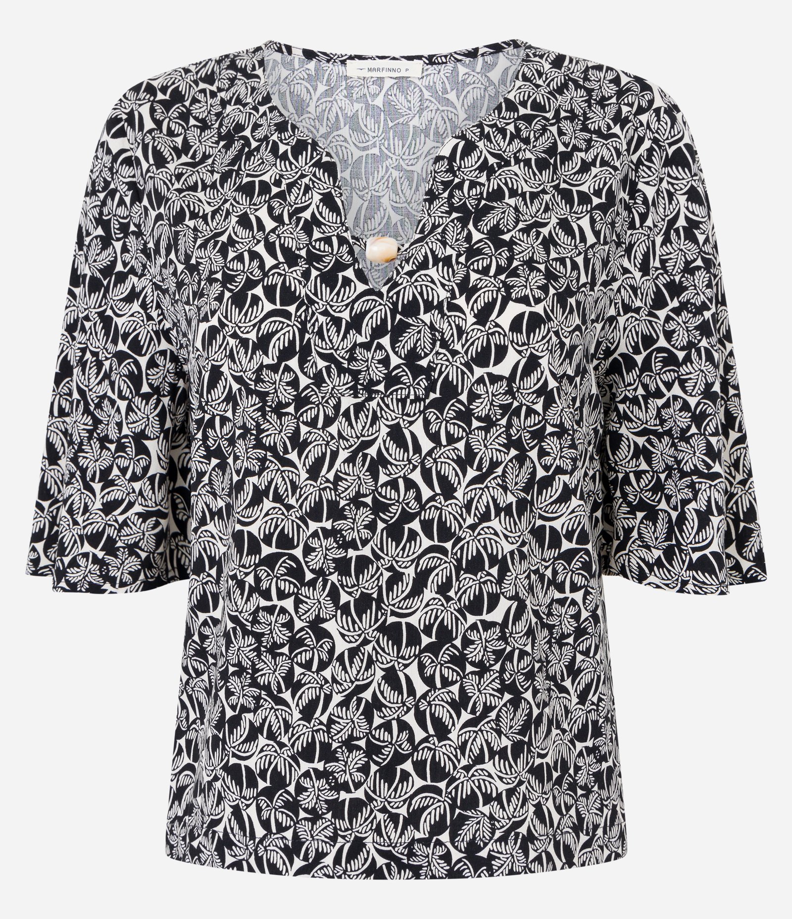 Blusa em Viscose com Decote V e Estampa Folhagens Preto/ Branco 5