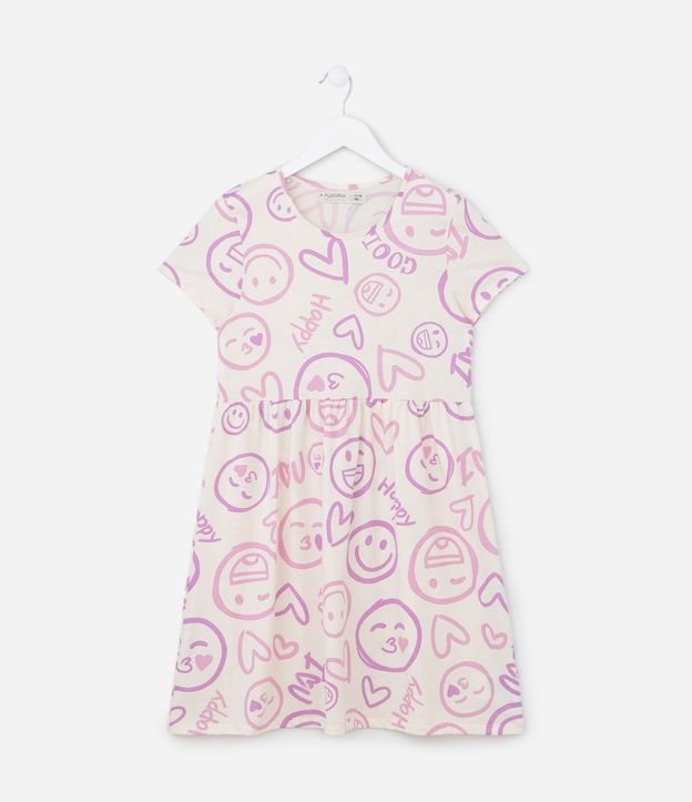 Vestido Infantil em Algodão com Estampa de Carinhas - Tam 5 A 14 Anos