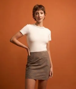 Saia Curta em Alfaiataria Xadrez Príncipe de Gales e Zíper