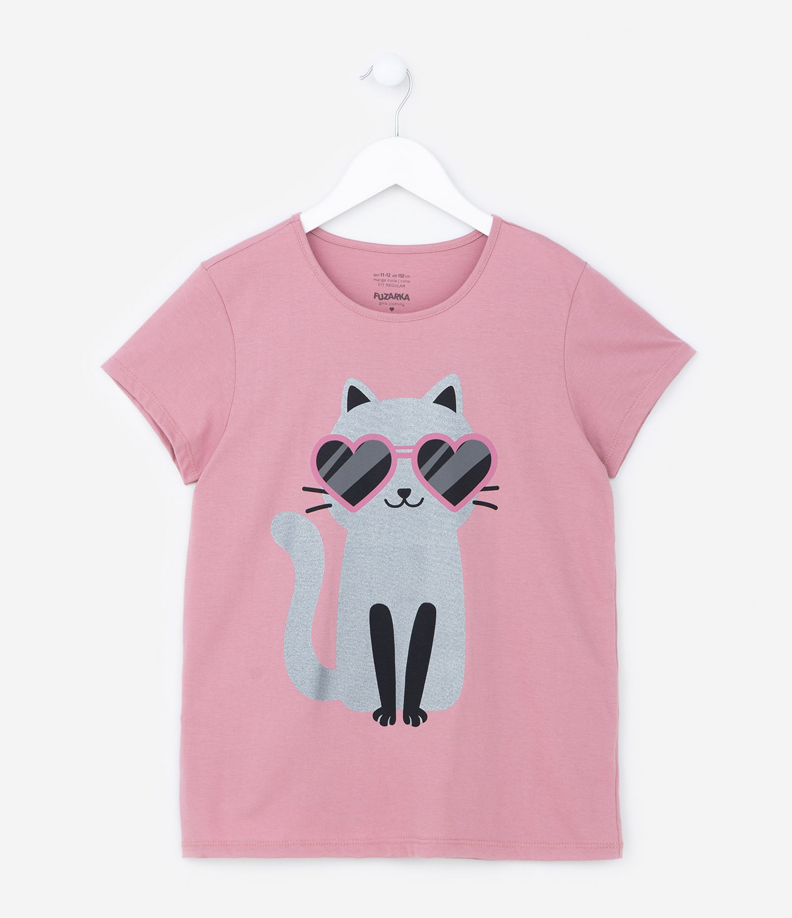 Camiseta Infantil em Algodão com Estampa Gato de Óculos - Tam 5 A 14 Anos Rosa 1