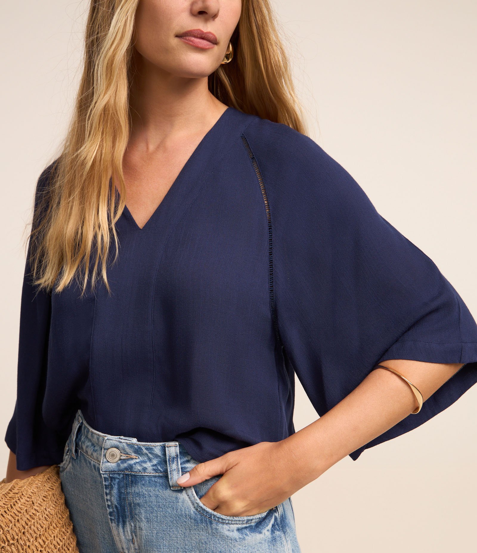 Blusa Manga Ampla em Viscolinho Texturizado Azul Marinho 3