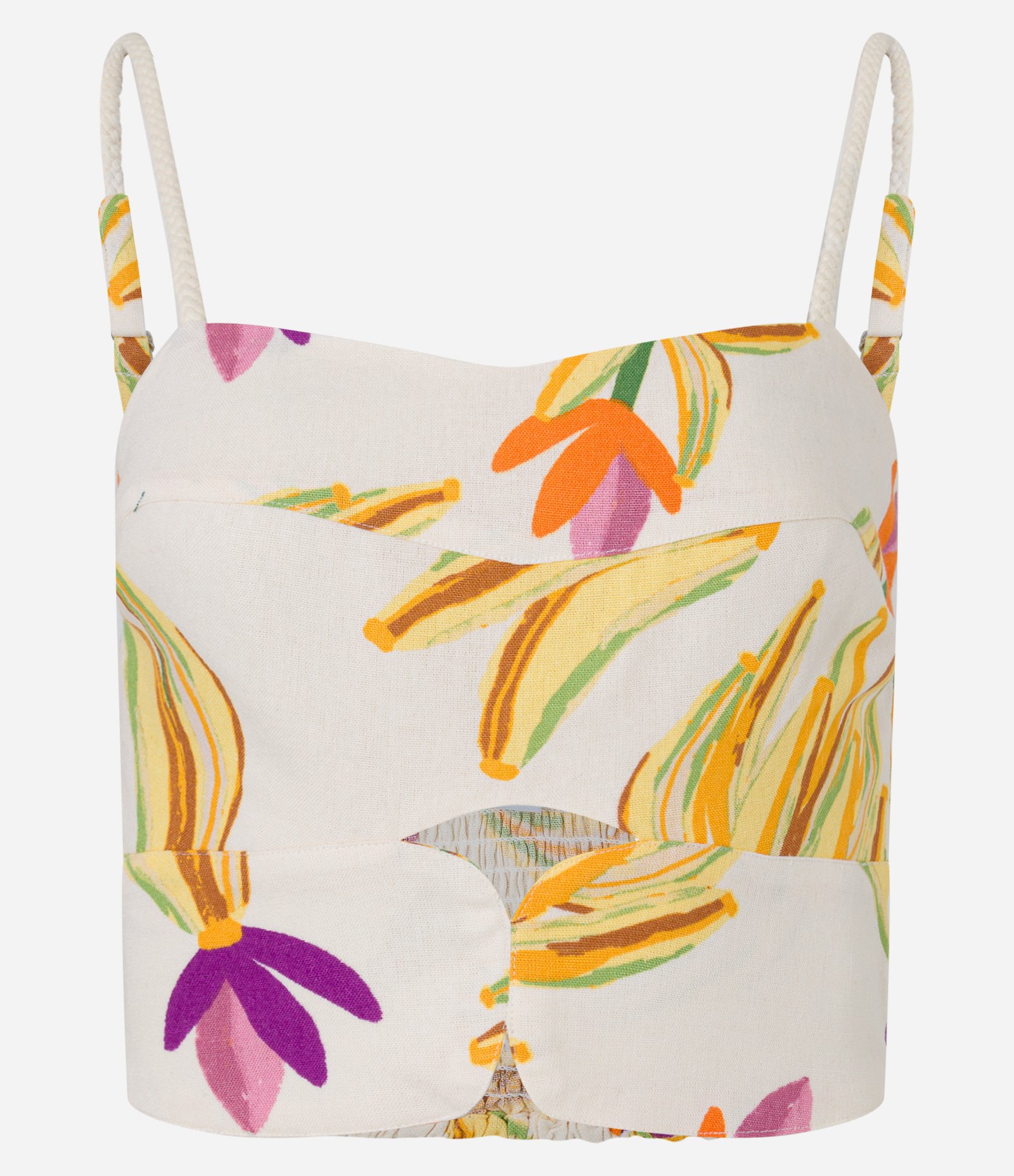 Blusa de Alça Cropped com Lastex e Estampa de Bananas Bege 5