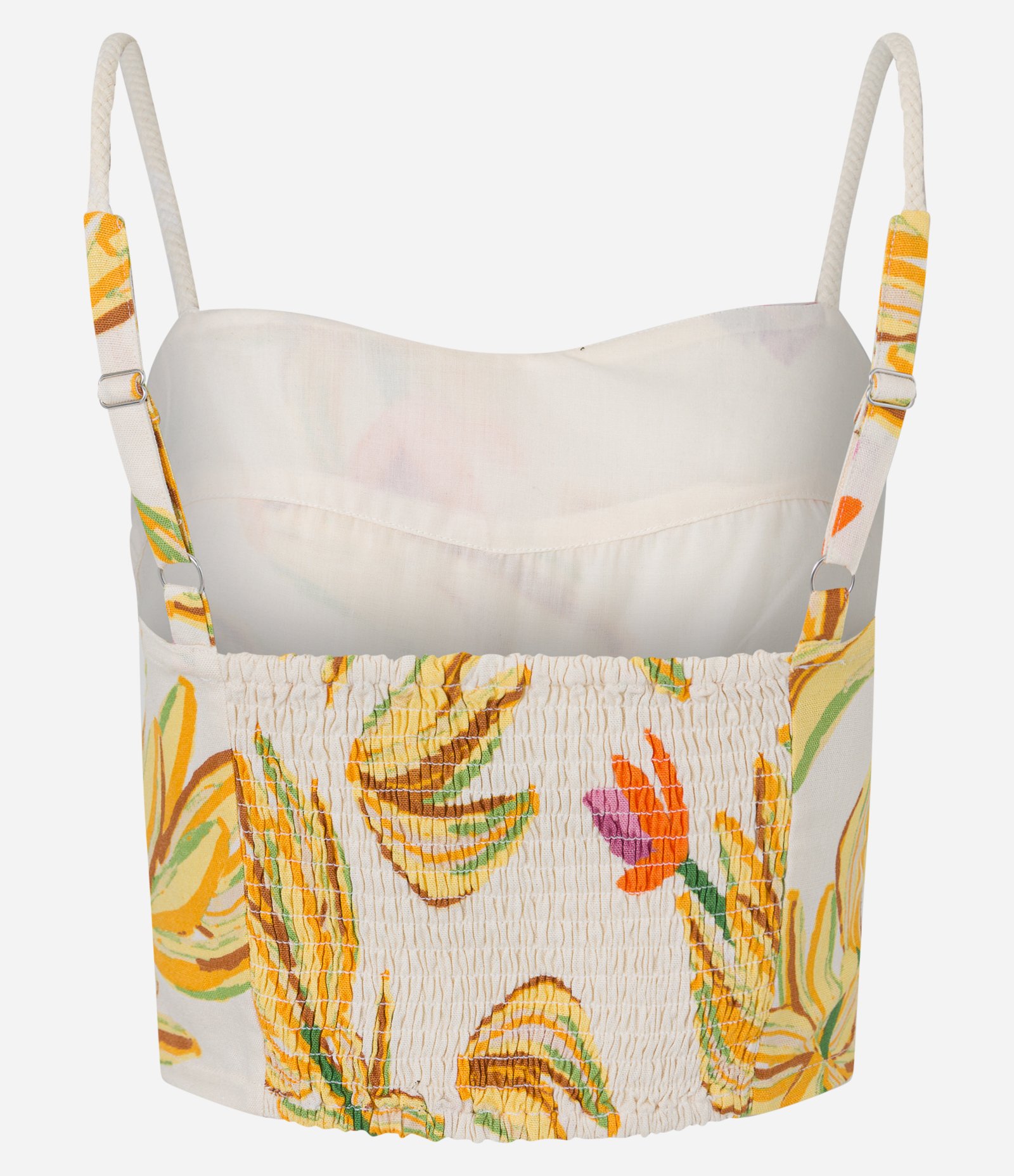Blusa de Alça Cropped com Lastex e Estampa de Bananas Bege 7