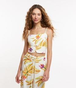 Blusa de Alça Cropped com Lastex e Estampa de Bananas