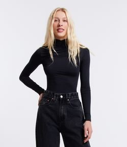 Blusa Manga Longa em Microfibra com Gola Alta Franzida