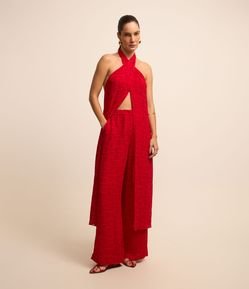 Calça Wide Leg Cintura Alta em Chiffon com Textura Jacquard