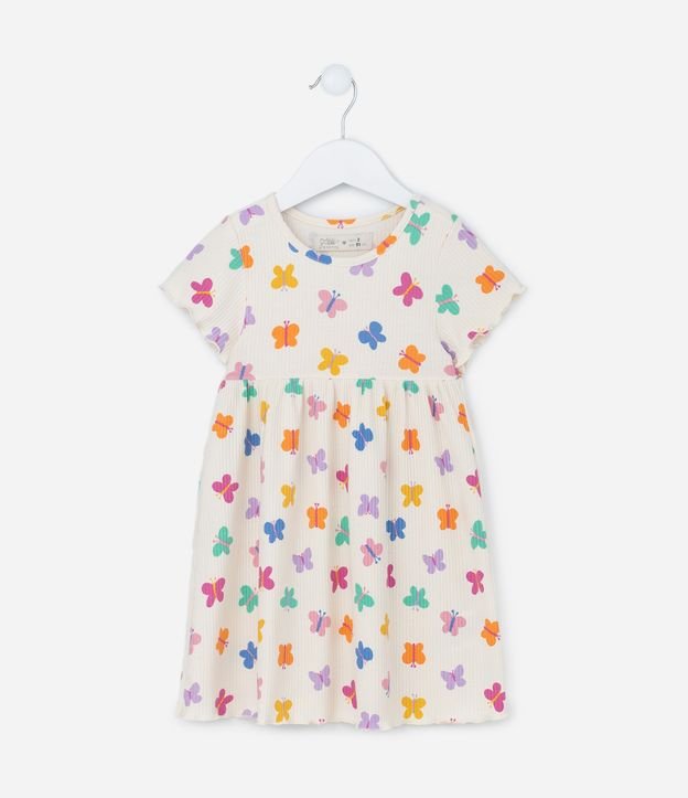 Vestido Infantil Canelado com Frufru e Estampa Borboletinhas - Tam 1 a 5 Anos