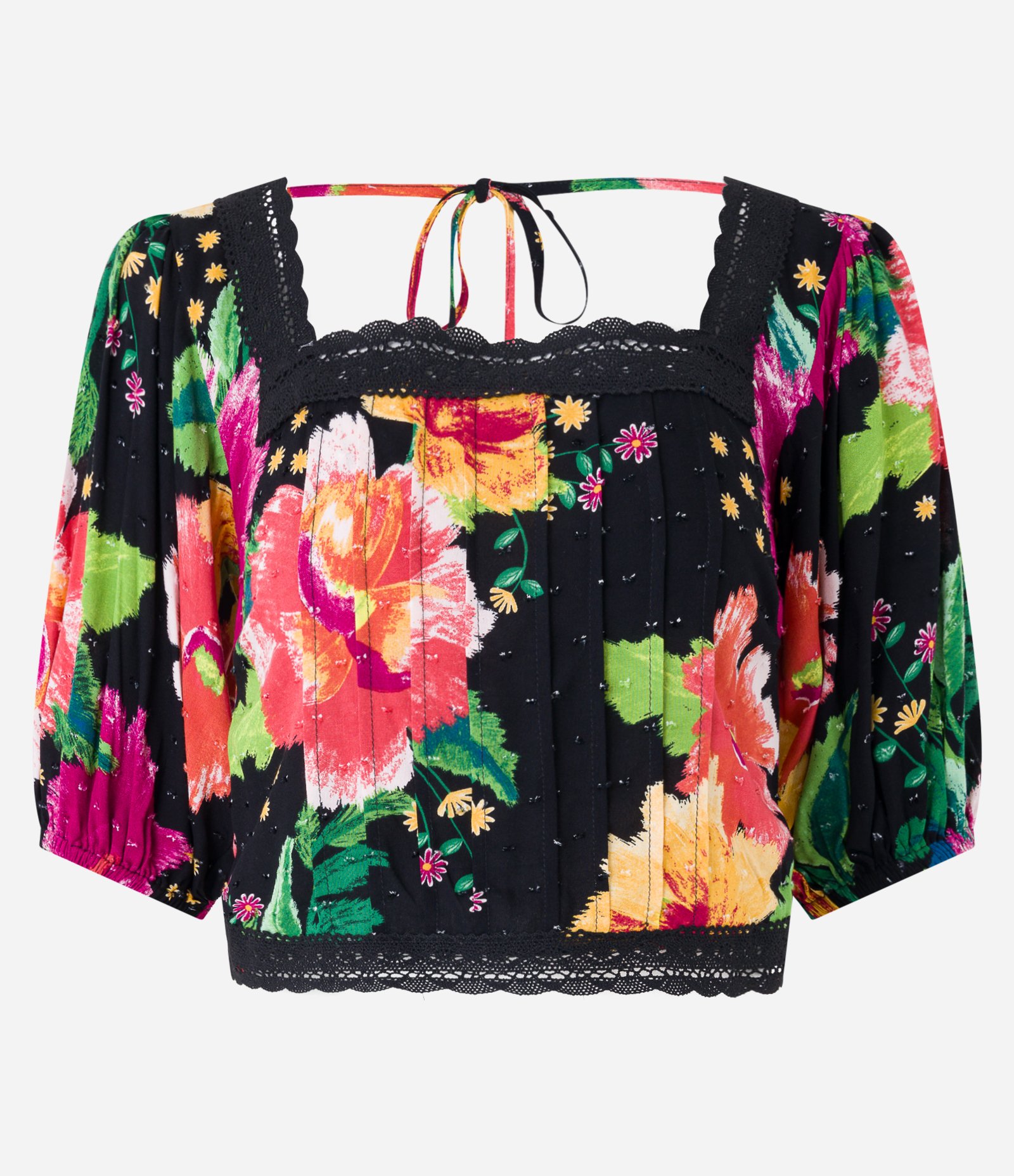 Blusa Cropped em Viscose com Detalhes em Renda e Estampa Floral Preto 6